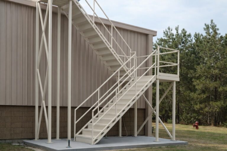 Stairway leading to a secure raised walkway in use for warehouse operations