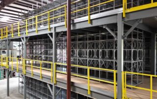 The front of a multi-floor warehouse mezzanine structure