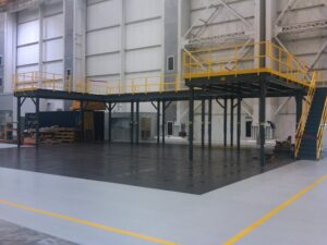Free-standing mezzanine system designed and installed by KABTech