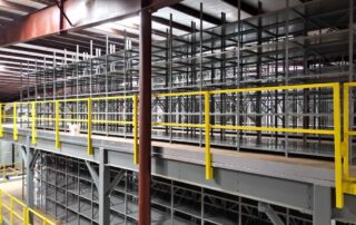 The front of a multi-floor warehouse mezzanine structure