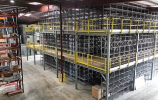 The corner view of a multi-floor warehouse mezzanine structure