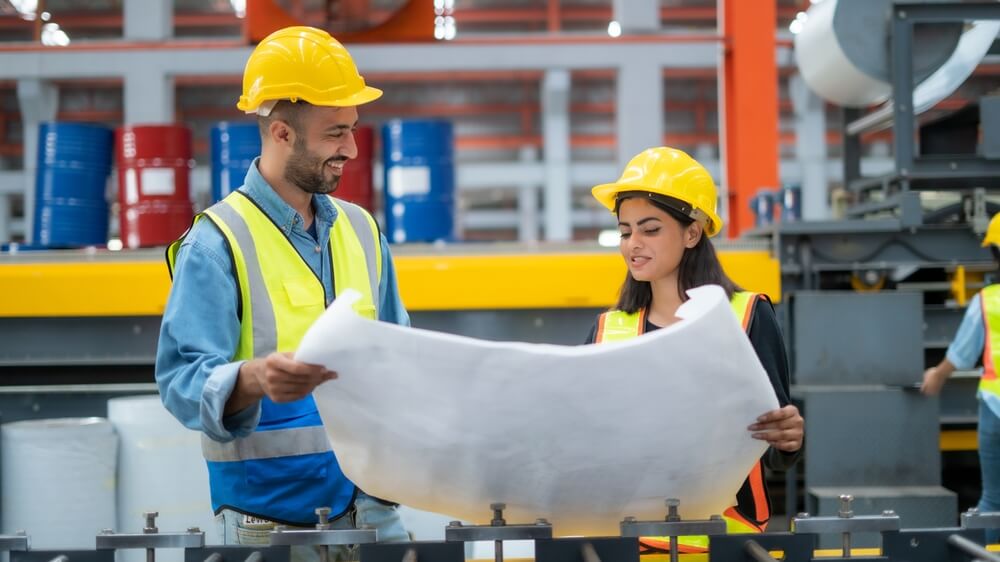 Engineers and project managers discussing drawings for a mezzanine installation