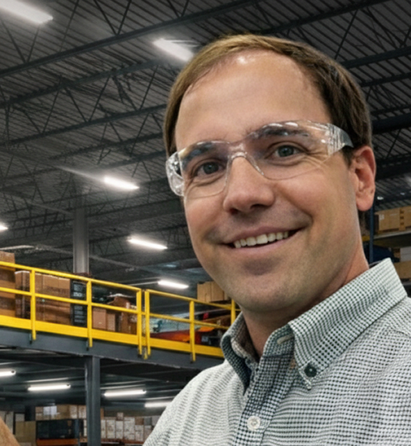 KABTech team member wearing clear goggles and smiling while working on-site on a mezzanine project