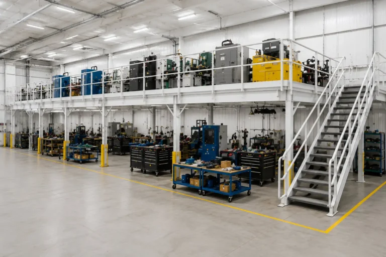 A white mezzanine supporting a large production equipment