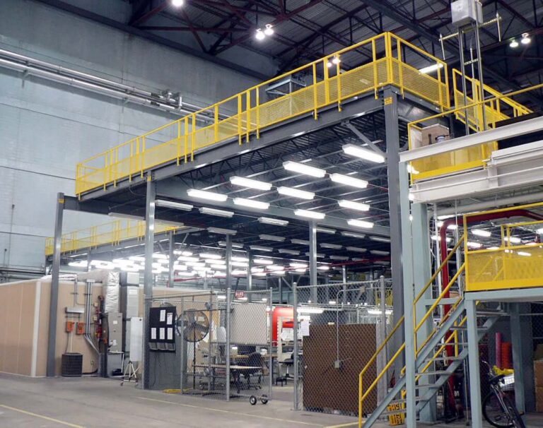 Multi-level industrial platform that supports conveyors and adds storage space, built by KABTech