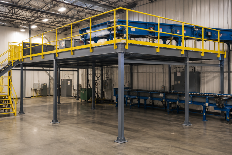 Industrial conveyor support platform with structural steel framing and integrated blue conveyor system in a modern manufacturing facility