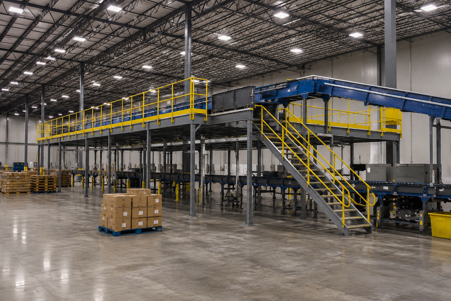 Wide-angle view of a custom steel conveyor support mezzanine with integrated conveyor system inside a large manufacturing and distribution warehouse