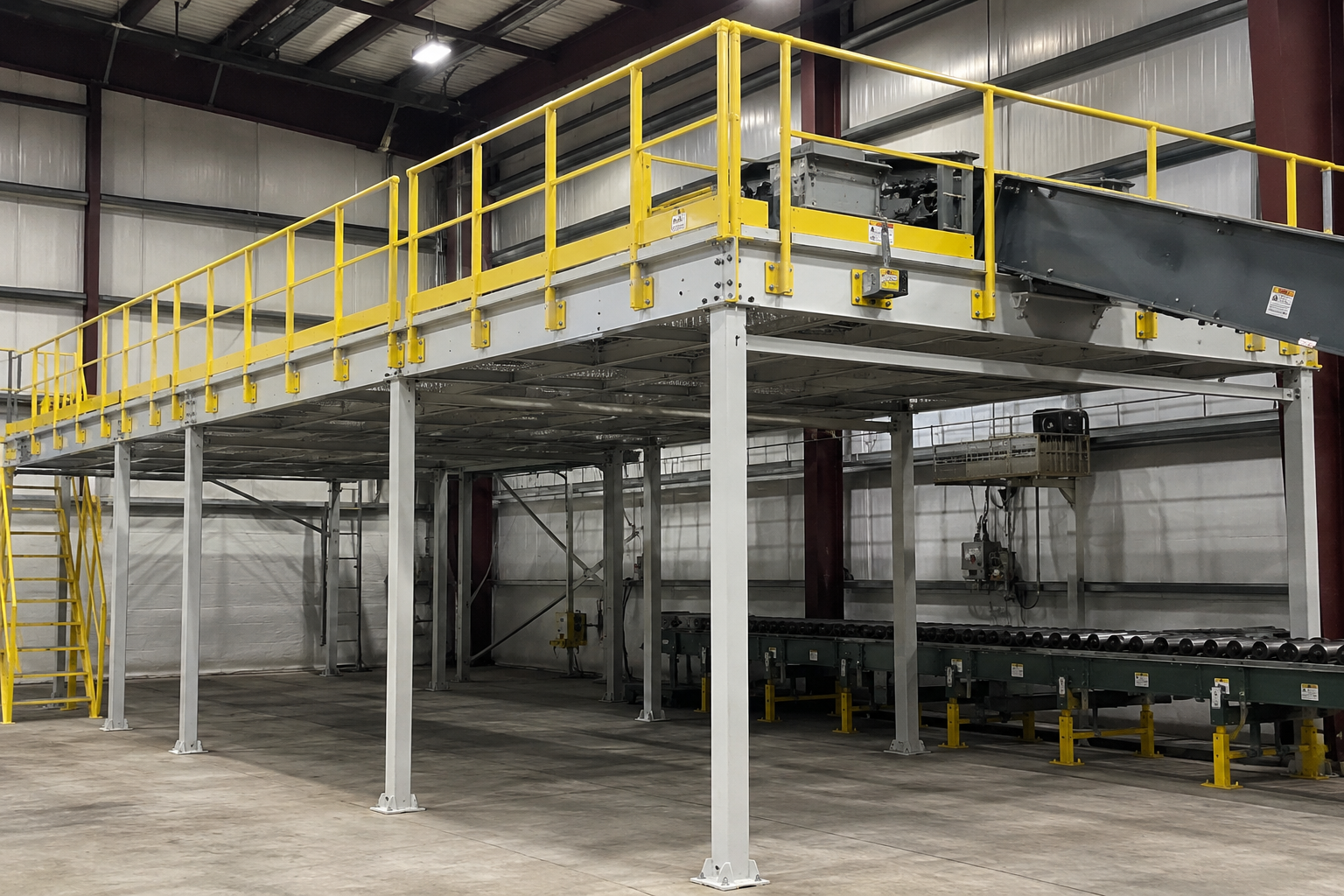 Custom steel conveyor support mezzanine platform with yellow safety railings installed above a conveyor system inside an industrial warehouse